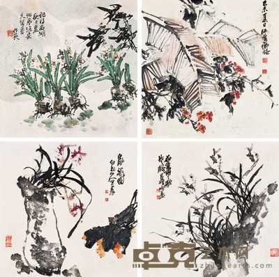 蒲作英 陈师曾 王震 吴昌硕 细风凉衣久留香 花卉 岁朝图 叶潇啸歌 镜心 67×68cm×4